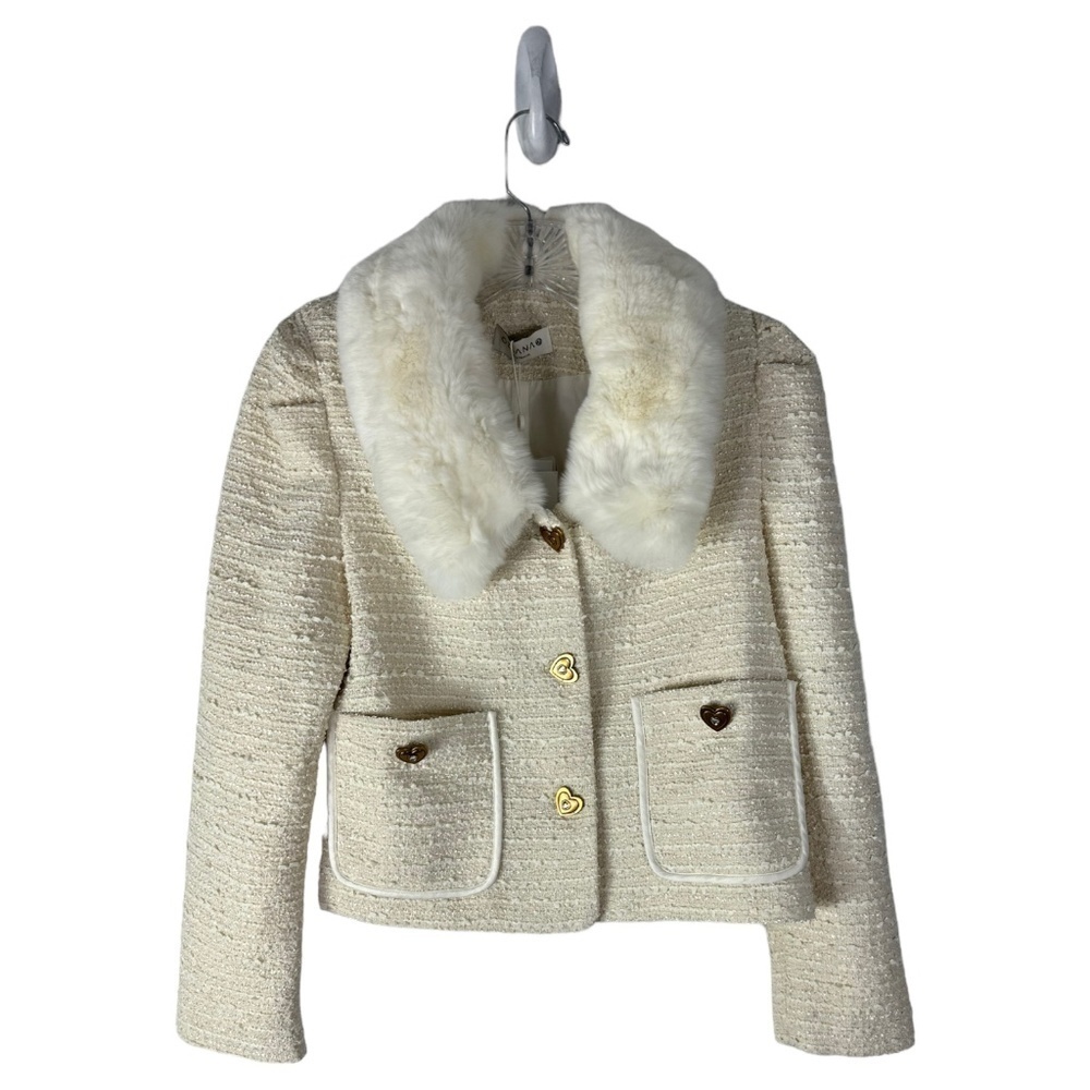 Ozlana New Era 22 Runway Tweed Rabbit Fur Heart Button Jacket SZ L NEW NWT